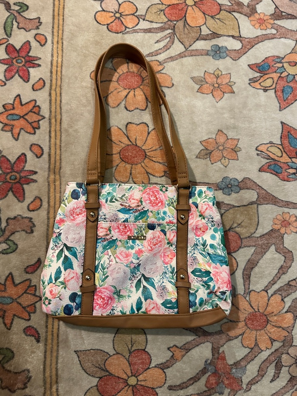Rosetti Floral Shoulder Bag with Tan Trim